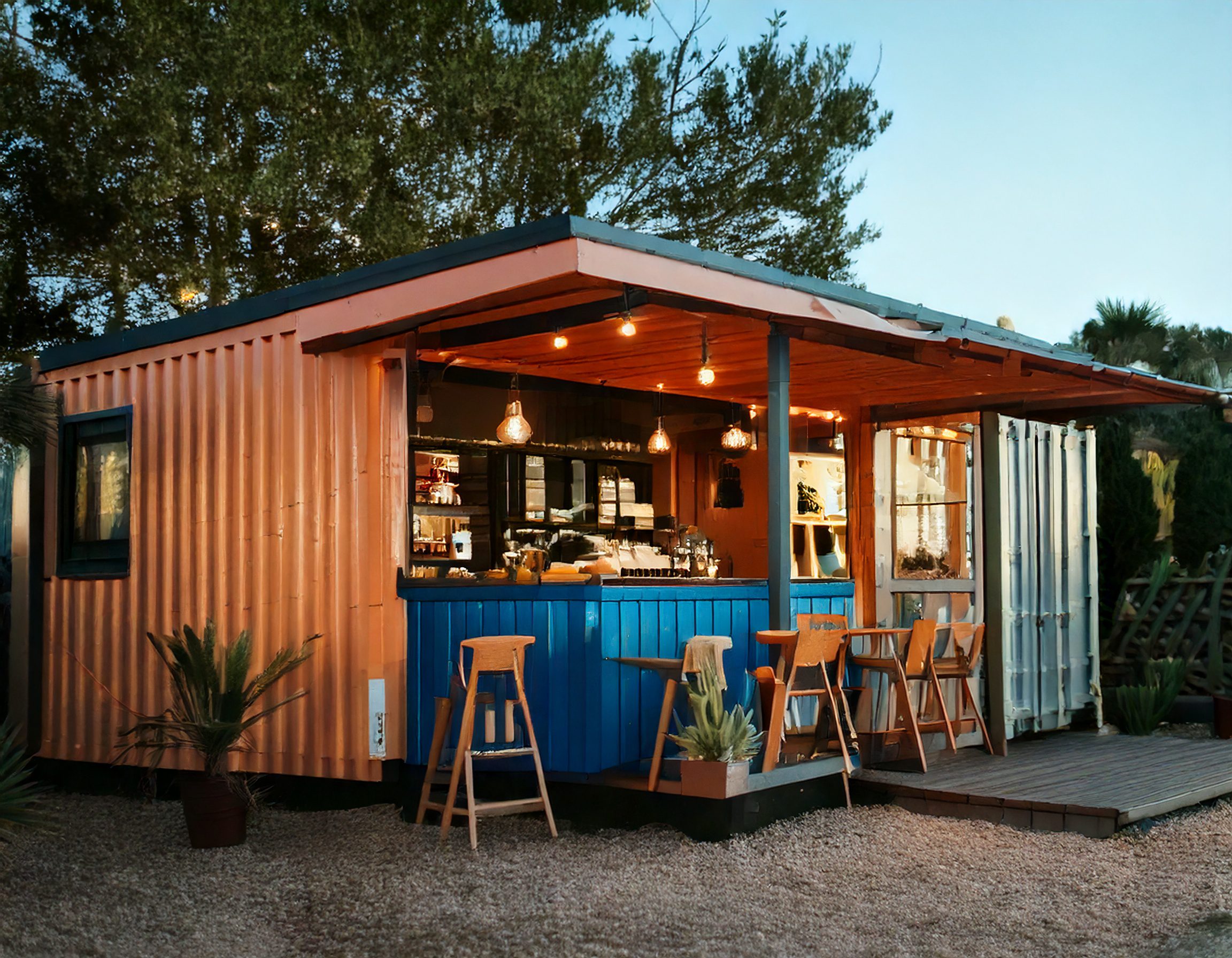 container maritime restaurant avec un snack, une terrasse