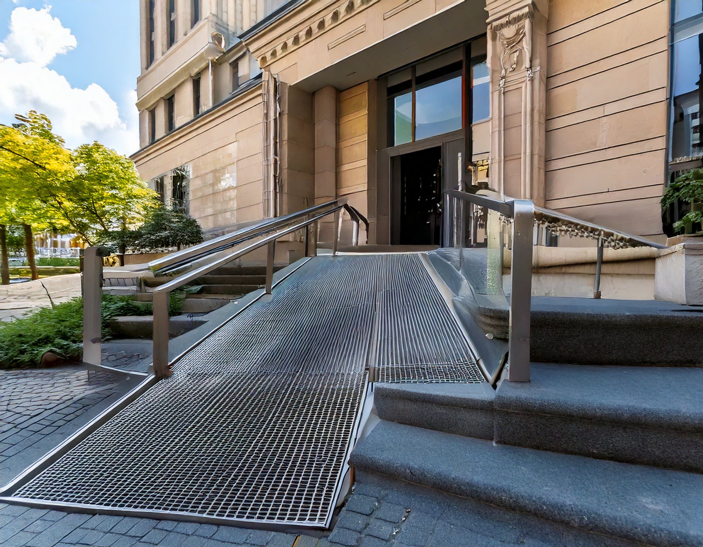 rampe d'accès PMR métallique devant un bâtiment public en France