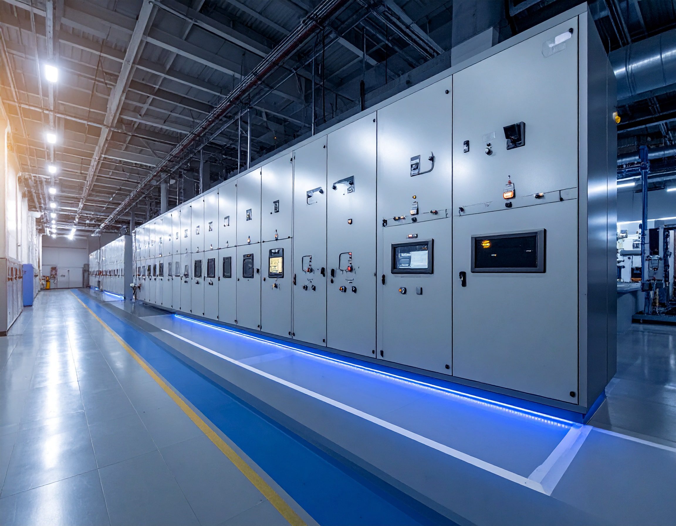 pupitre de commande industriel métallique dans une usine avec éclairage led. usine