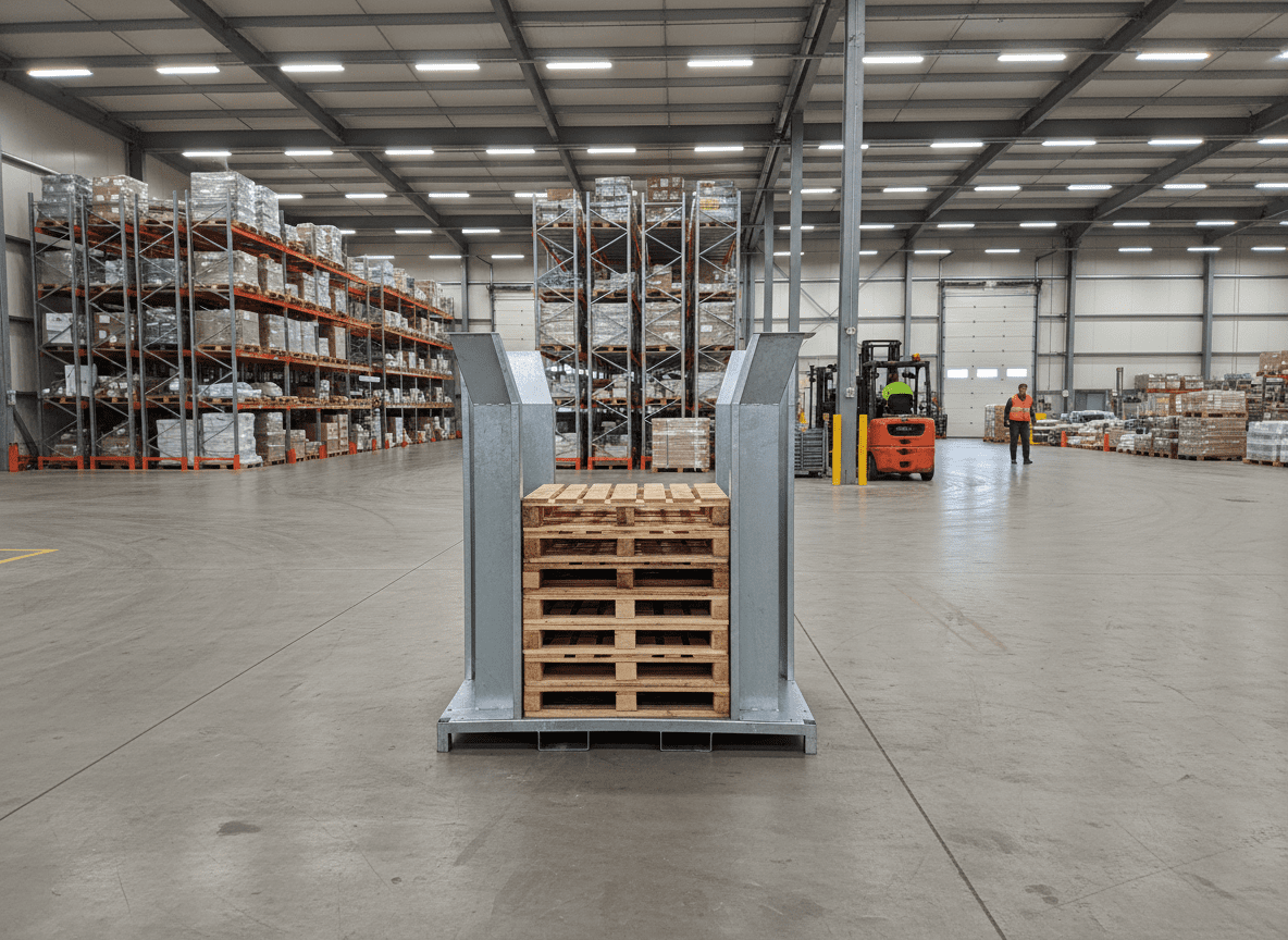 aligneur de palettes galva avec des palettes à l'intérieur dans un entrepot