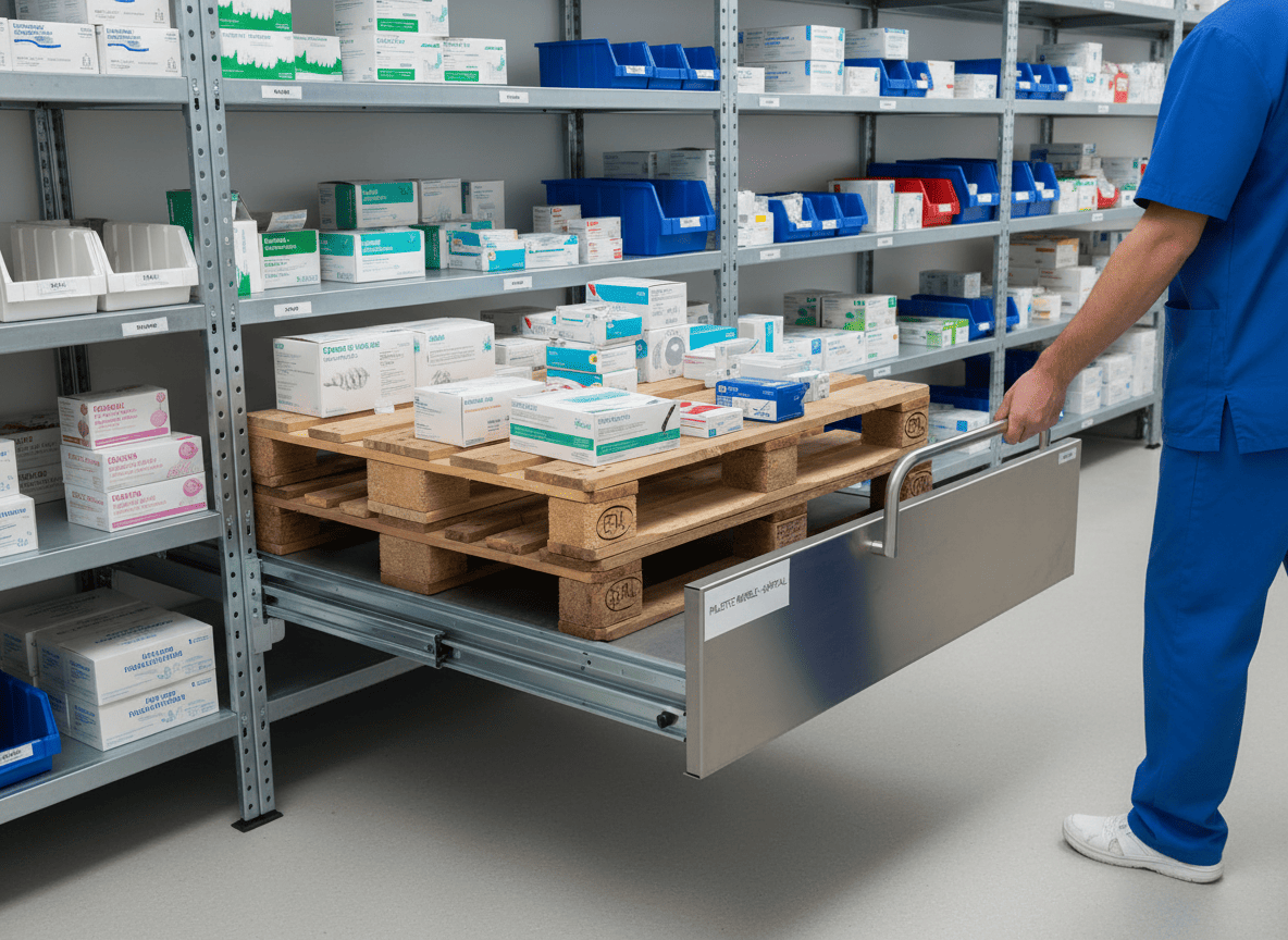 tiroir palette hôpital extractible fixe sur rayonnages metalinox