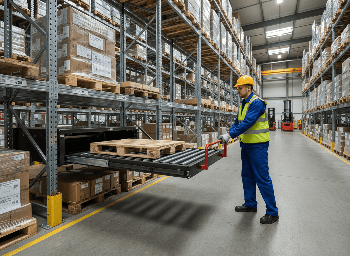 tiroir pour palette monté sur un rayonnage dans un dépôt industriel. un opérateur actionne le tiroir pour palette