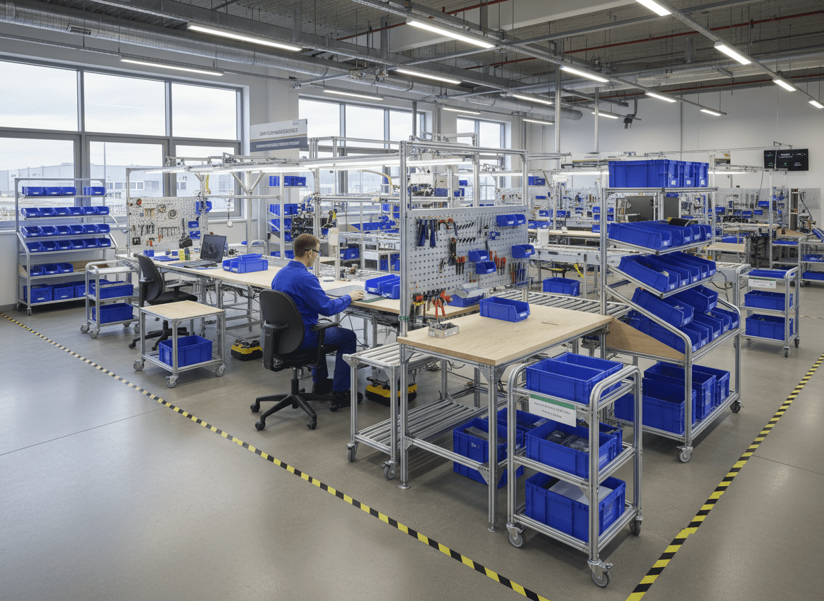 aménagement d'un atelier industriel avec des solutions tubulaire lean concept. poste ergonomique