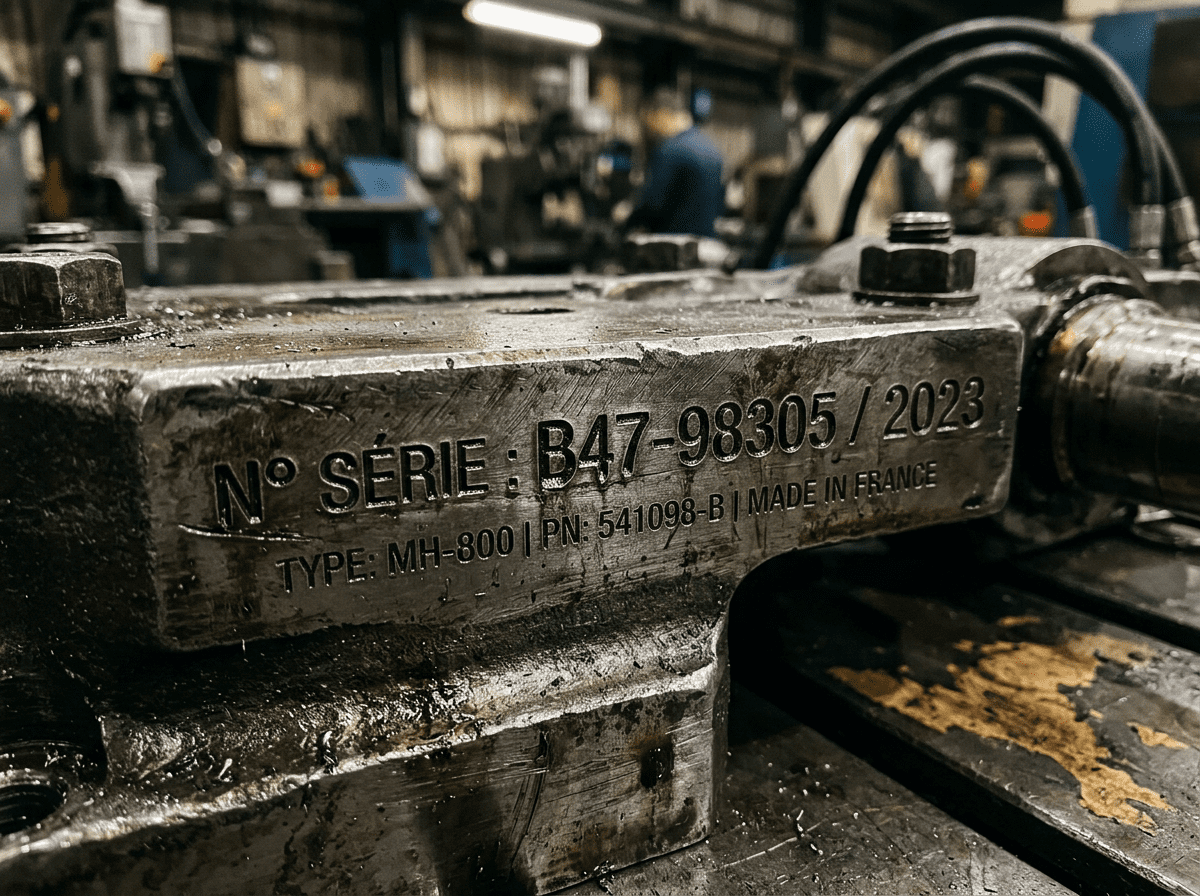 marquage profond laser d'une pièce mécanique en acier avec n° de série