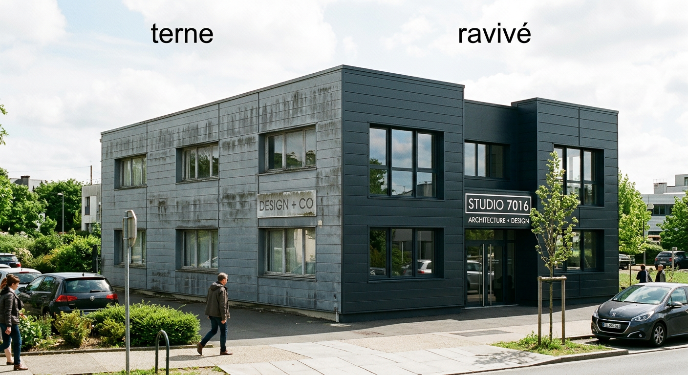 bâtiment de couleur gris anthracite 7016 avec un côté terne et un côté ravivé