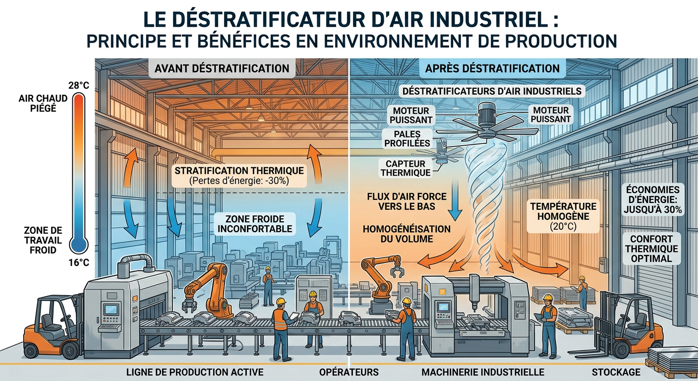 destratificateur d'air industriel dans un environnement de production industrielle