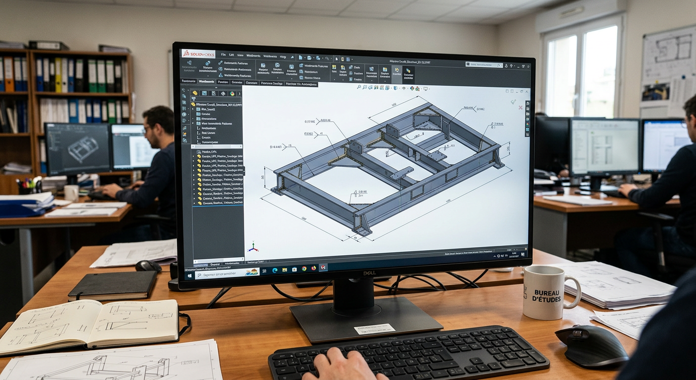 écran du bureau d'études, voir un dessin de solidworks d'un ouvrage mécano soudé